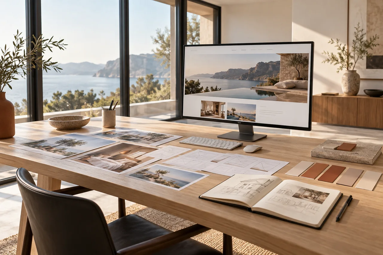 Hospitality website strategy workspace concept Illustrative design workspace with hotel photographs, wireframes and a website concept