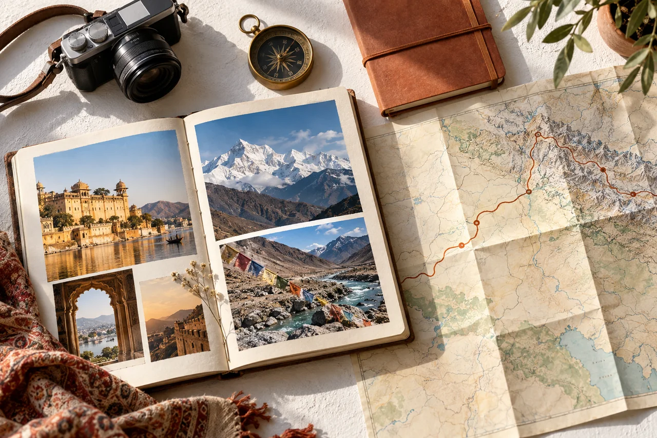 Travel itinerary planning concept Travel photographs, route map, camera and notebook arranged on a desk